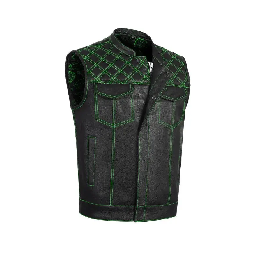 Green Diamond Stitch Leather Biker Vest