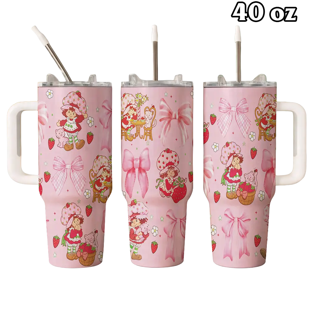 1PC 40oz Tumbler, Strawberrry Shortcakke Tumbler, Sweet Pink Berry Design For Women Girls, Cute Cartoon Cup Printed Design, Birthday Gift Idea | 160326.R0005.ID03
