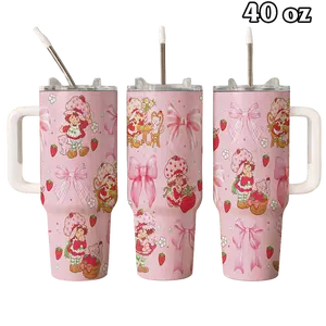 1PC 40oz Tumbler, Strawberrry Shortcakke Tumbler, Sweet Pink Berry Design For Women Girls, Cute Cartoon Cup Printed Design, Birthday Gift Idea | 160326.R0005.ID03