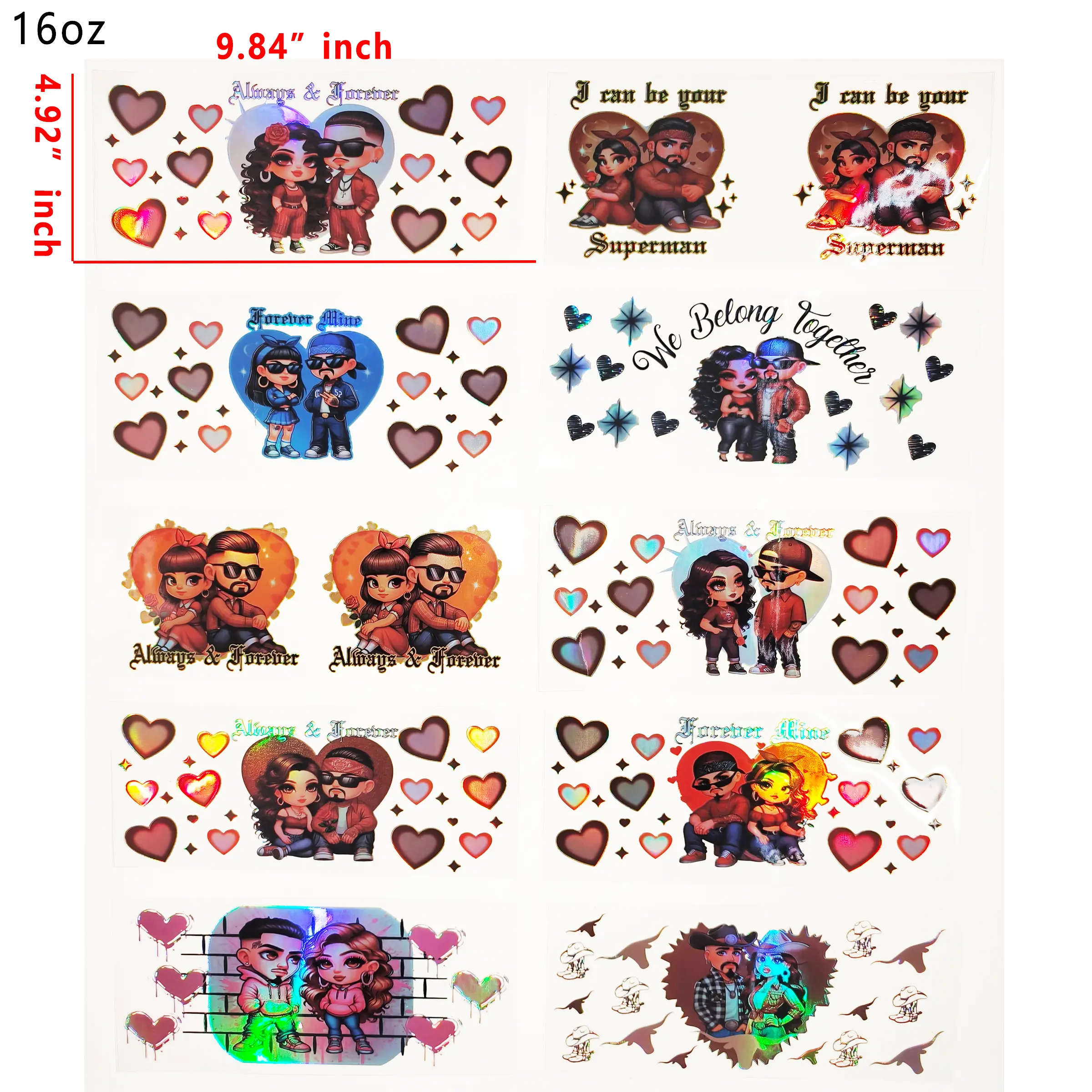 (J64) Holographic 10pcs Latino couple UV DTF Cup Wraps for 16OZ tumblers Waterproof Acrylic Wraps for Cups Glasses &Smooth Objects Vivid Colors Strong Adhesion CustomizableStickers Decal Sticker Art Crafts Kit
