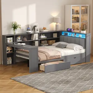 Full Size Daybed Frame with Storage Shelves, Drawers, Charging Station, LED, Desk, Wood Platform Bed with Upholstered Headboard, No Box Spring Needed