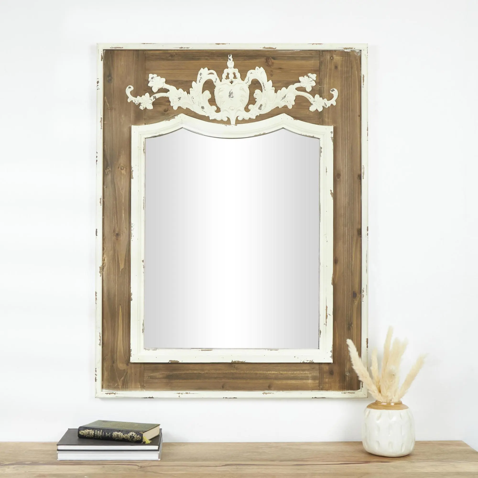 Floral Brown Wood Vintage Inspired Acanthus Scroll Room Wall Mirror with Distressed Cream Accents