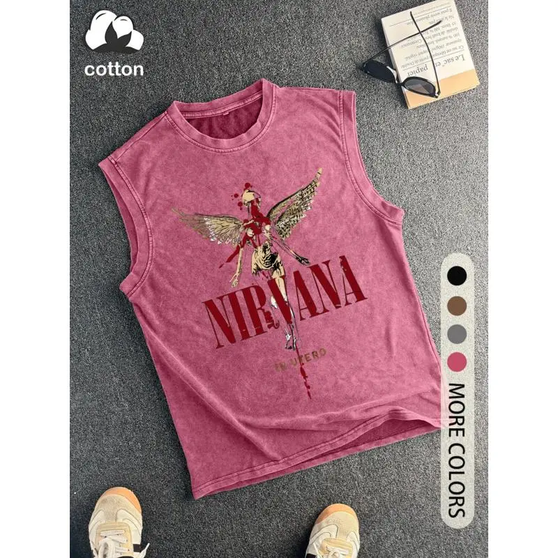Dark angel print retro distressed men's vest, round neck, trendy sleeveless top, suitable for music lovers, men's summer wear.