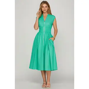 Jade Zip Front Shirred Waist Midi Dress