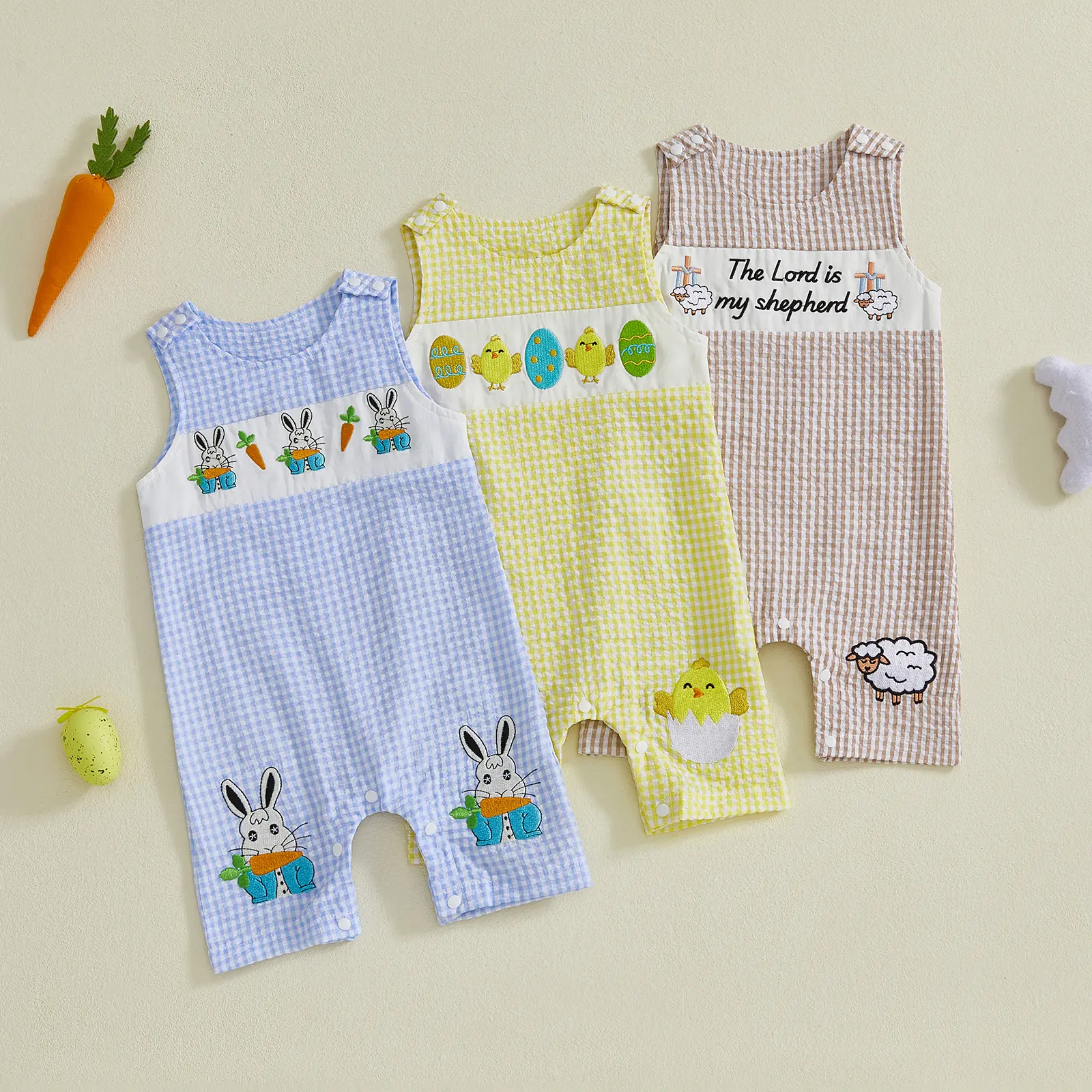 Infant Easter Baby Boys Overalls Comfortable Sleeveless Rabbit Carrot Embroidery Jumpsuit Summer 0-18 Months