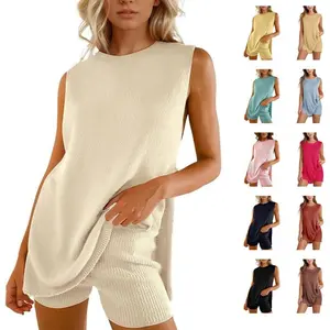 Women’s two-piece summer knit sweater set featuring a sleeveless top paired with shorts—fashionable beach vacation outfit GARMENTARY