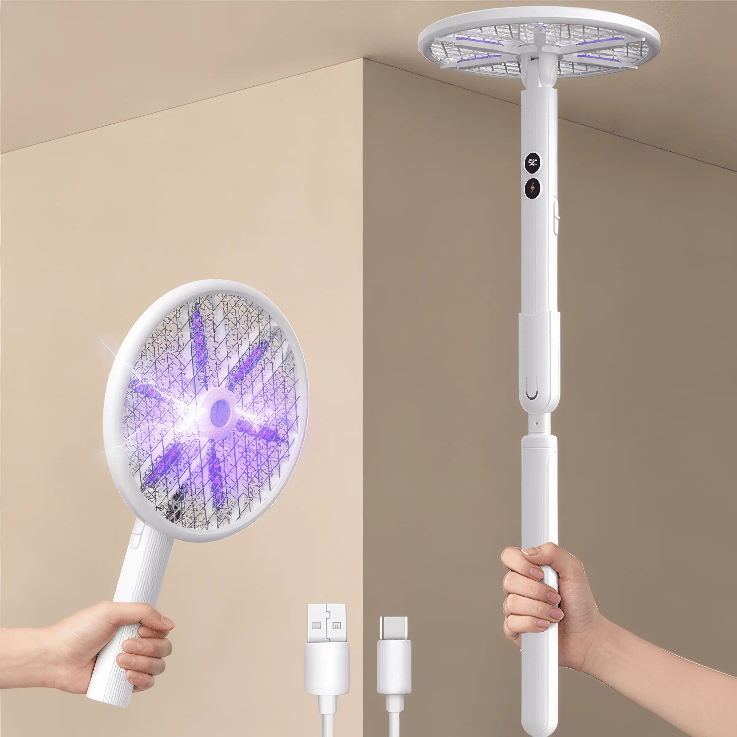 4000V Rotating Head Electric Fly Swatter with a Telescopic Extension 1800mAhRechargeable Fly Swatter Racket Bug Zapper Racket Dual Modes, Mosquito Killer Lamp with 3 Layers Safety Mesh for Indoor Outdoor Camping