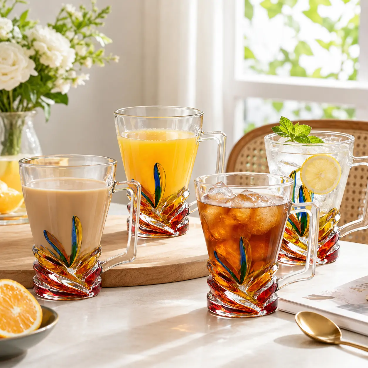 Colorful Leaf Glass Mug, 12.2oz Clear Drinking Cup with Handle for Juice, Iced Coffee, Tea, Milk, Soda & Cocktails