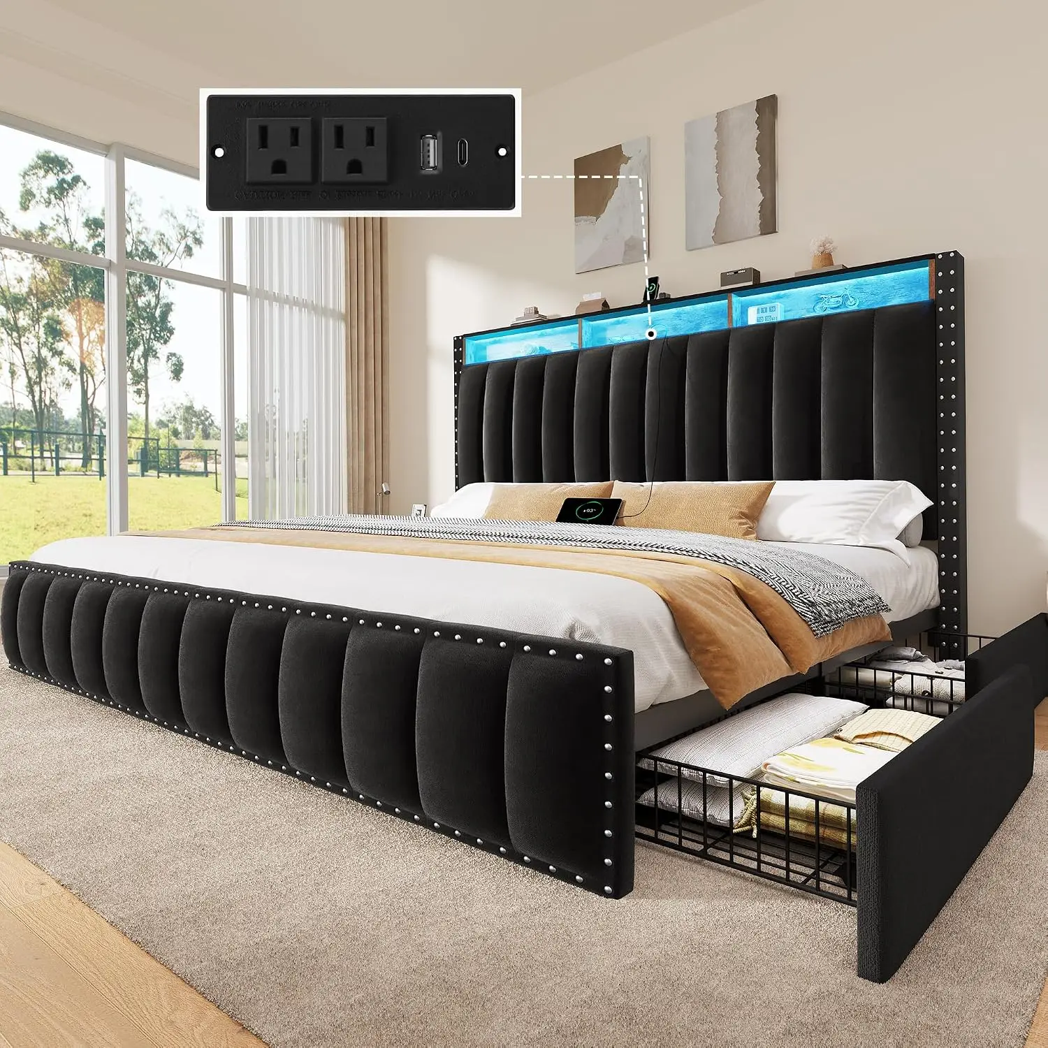 YITAHOME Black Velvet Upholstered King Size Bed Frame Set (Ships in 2 Packages) - Built-in RGB LED Lights, 4 Drawers, Charging Ports, Bookcase Headboard, No Box Spring Needed, Easy Setup, Modern Indoor Furniture Decor