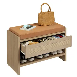 Garvee Rattan Entryway Shoe Bench with Storage Drawer and Linen Cushion – Wooden Shoe Storage Bench with Open Shelf and Comfortable Seat – Perfect for Hallway, Bedroom, or Mudroom