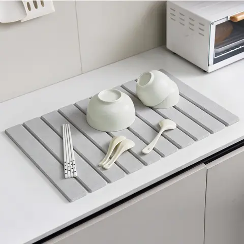 Foldable Large Printed Diatomaceous Earth Dish Drying Mat - 24"×16" Indoor Kitchen Accessories, Super Moisture Absorbing, Heat Resistant, Non-Slip, Durable Diatomite Counter Pad with White Marble Pattern