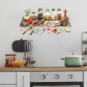 Watercolor Spice Vegetable Kitchen Wall Sticker, Self-Adhesive Waterproof Decorative Decal, Stove Wall Decoration, Cozy Restaurant Stickers