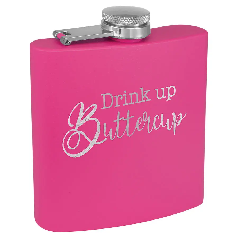 6 oz Matte Pink Stainless Steel Hip Flask - Custom Laser Engraved, Personalized Kitchenware Drinkware Gift for Bridal Party, Birthday, 6Oz