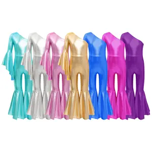 easyforever Full Body Long Unitard for Girls One Piece Dance Jumpsuit Carnival Leotards Disco Party Bell-Bottoms