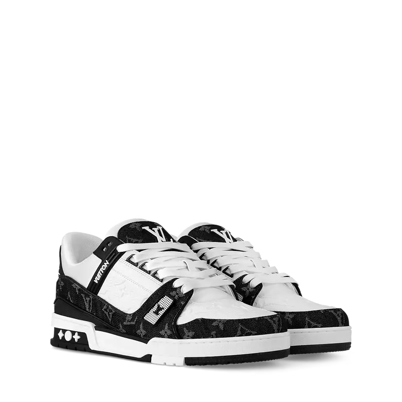 ‮ nottiuV siuoL ‬  X   Classic Ｔｒａｉｎｅｒ Ｓｎｅａｋｅｒ Retro Skate Shoes, Premium Denim Black White Low-Top Leather Sneakers for Men