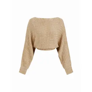 Cider Knit Boat Neck Lace Up Batwing Sleeve Cropped Top