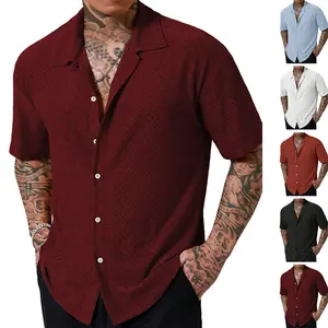 New summer men’s breathable collared solid-color versatile button short-sleeve shirt/casual T-shirt; stylish cutout jacquard men’s shirt top; premium quality summervibes