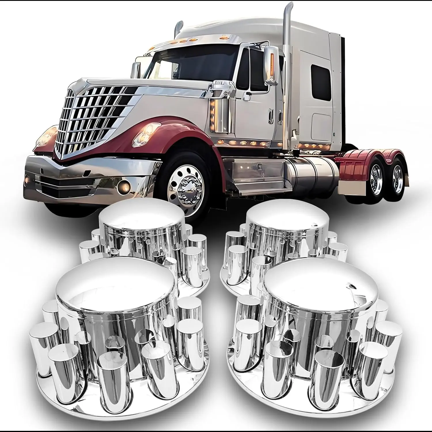 Chrome Plastic 4 Rear Hub Caps Kits 33mm Flat Top Thread on Lug Nut Covers for Semi Trucks