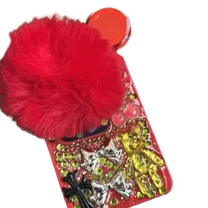 JUNK Lanyard Custom or Freestyle - Red Faux Fur Pom Pom with Colorful Gems & Personalized Design Options for Keys