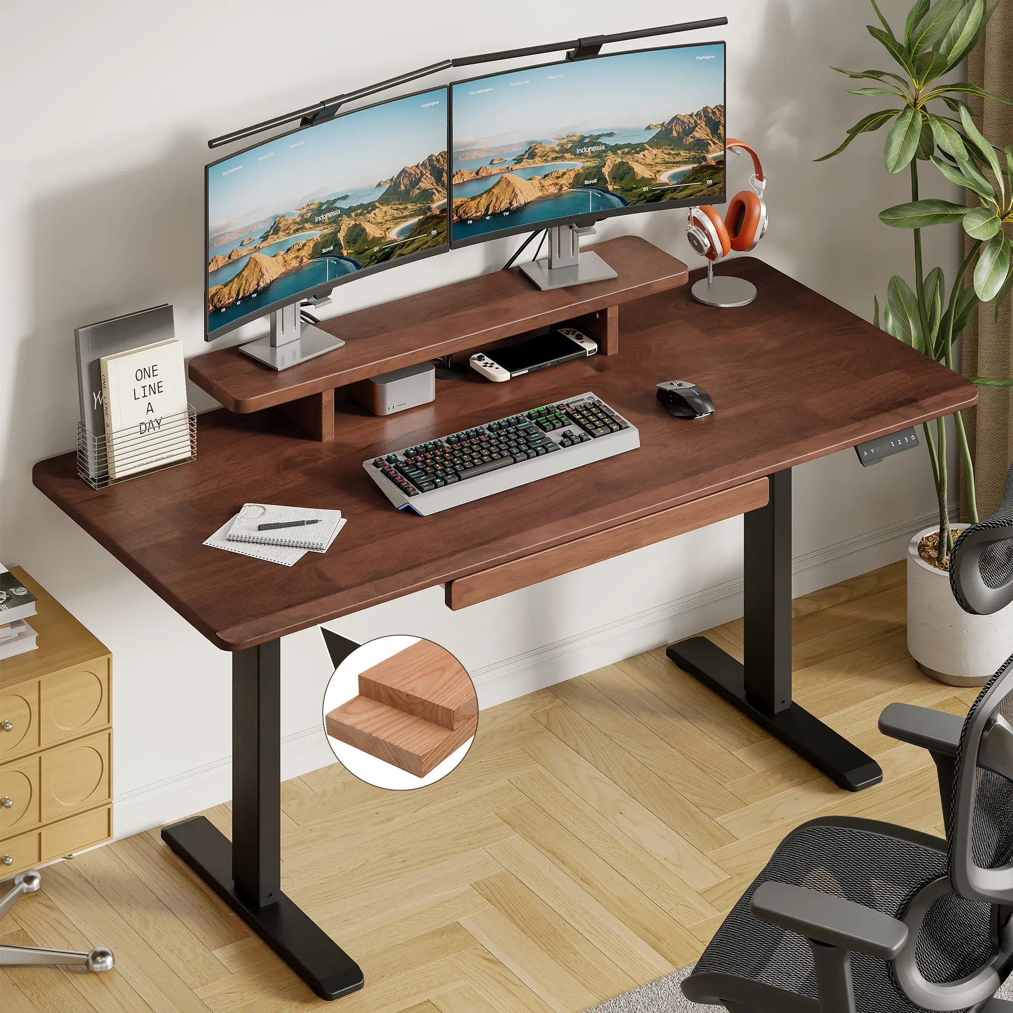 【SummerFinds】ONBRILL Adjustable Ergonomic Standing Computer Desk Stand with Drawer, 55x23.6 In Solid Wood Whole-Piece Desktop, Storage Shelf, 28-46 In Height Adjustment for Home & Office