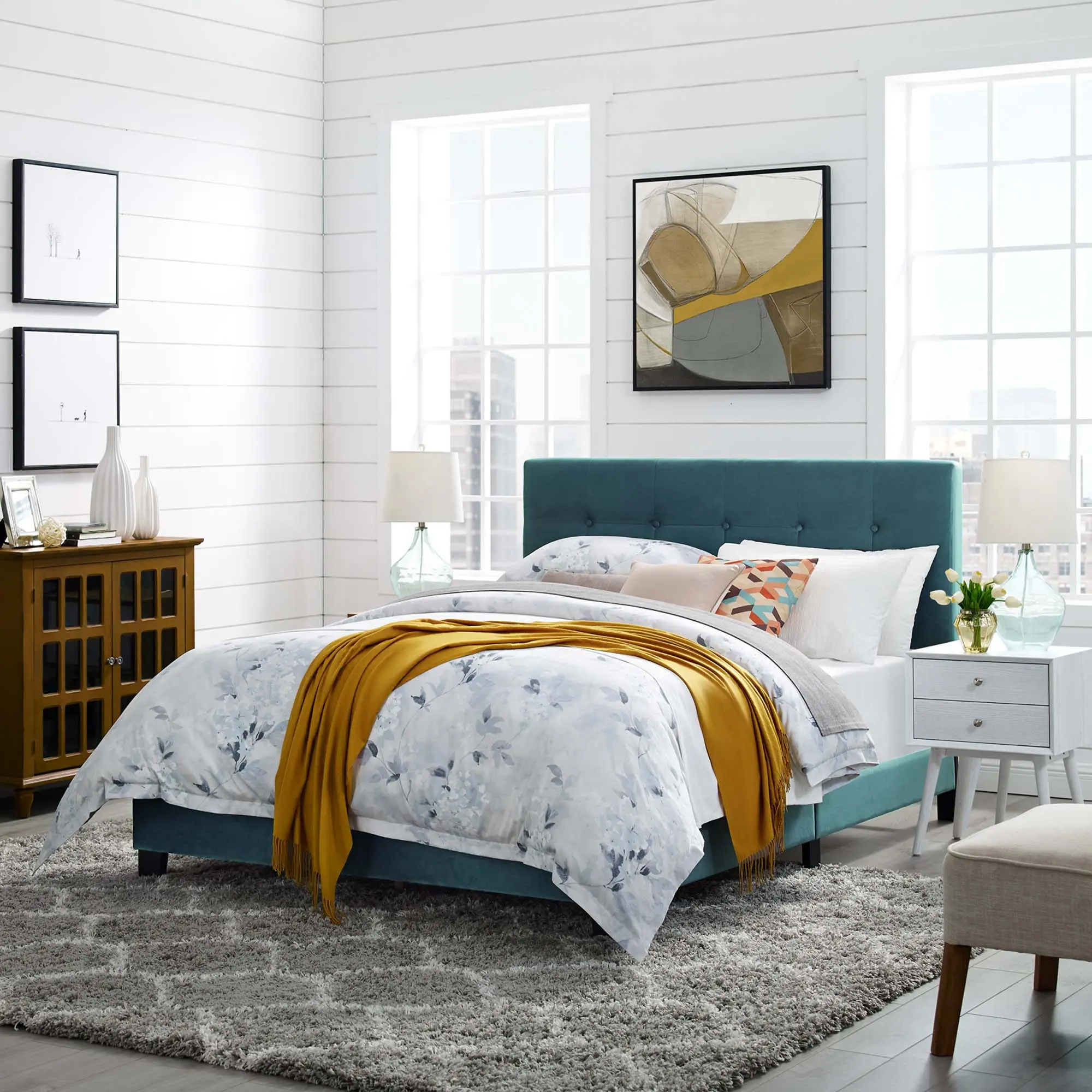 Modway Amira Full-Size Tufted Upholstered Platform Bed, Sea Blue Velvet Upholstered Bed Frame with Performance Fabric, Tufted Upholstered Bed