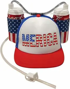 HandinHandCreations USA Merica Drinking Cap Adjustable Size Hat with Straw for Soda or Beverage Guzzler Drink Helmet - America Drinking July 4th Costume - All American Party Gear