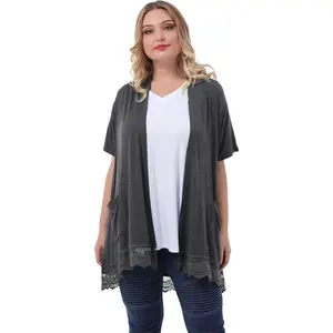 Women's Plus Size Short Sleeve Lace Trim Lightweight Printed Drape Cardigan with PocketsGift
