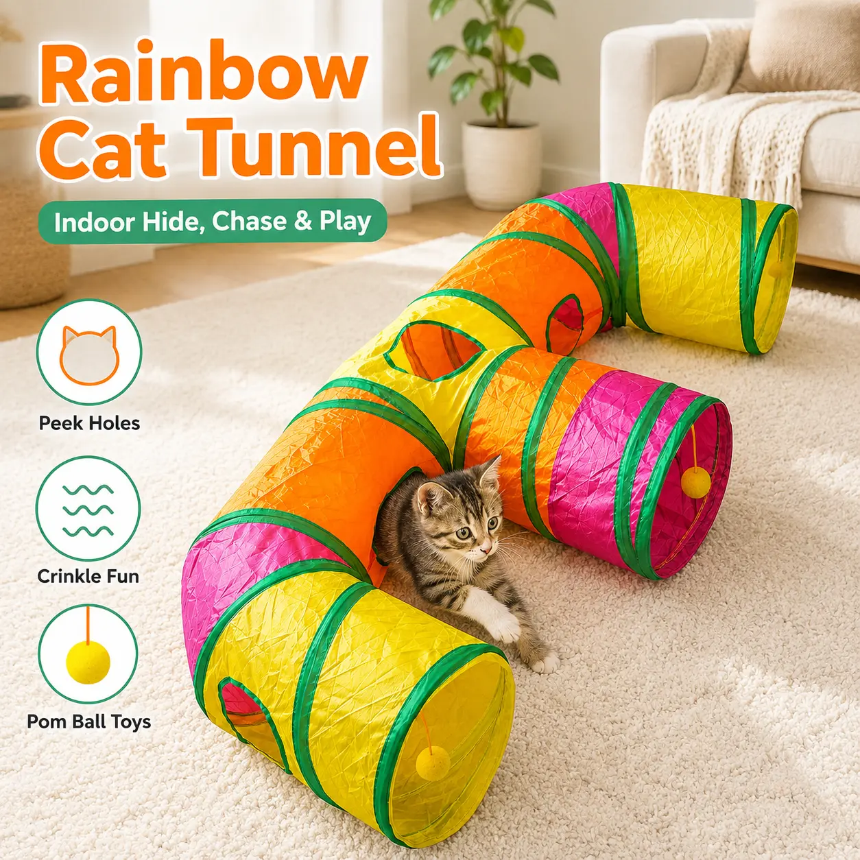 Cat Rainbow Tunnel Toy - 51.2 in Folding Multi-Branch Crinkly Fabric Play Tube with Peek Holes, Hanging Pom Balls, Stimulates Play for Indoor Hide & Seek for Cats, Kittens