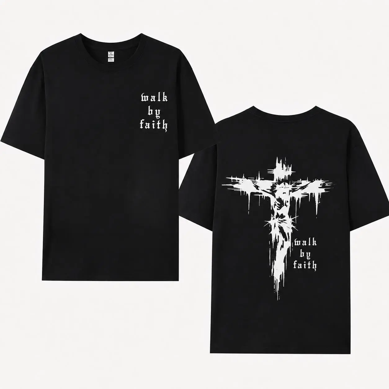 Men's 100% Cotton Short-Sleeve Round Neck Casual Tops, Walk By Faith Double-Sided Graphic T-Shirt, Gothic Drip Jesus Cross Alt Christian Grunge Streetwear Menswear Crewneck