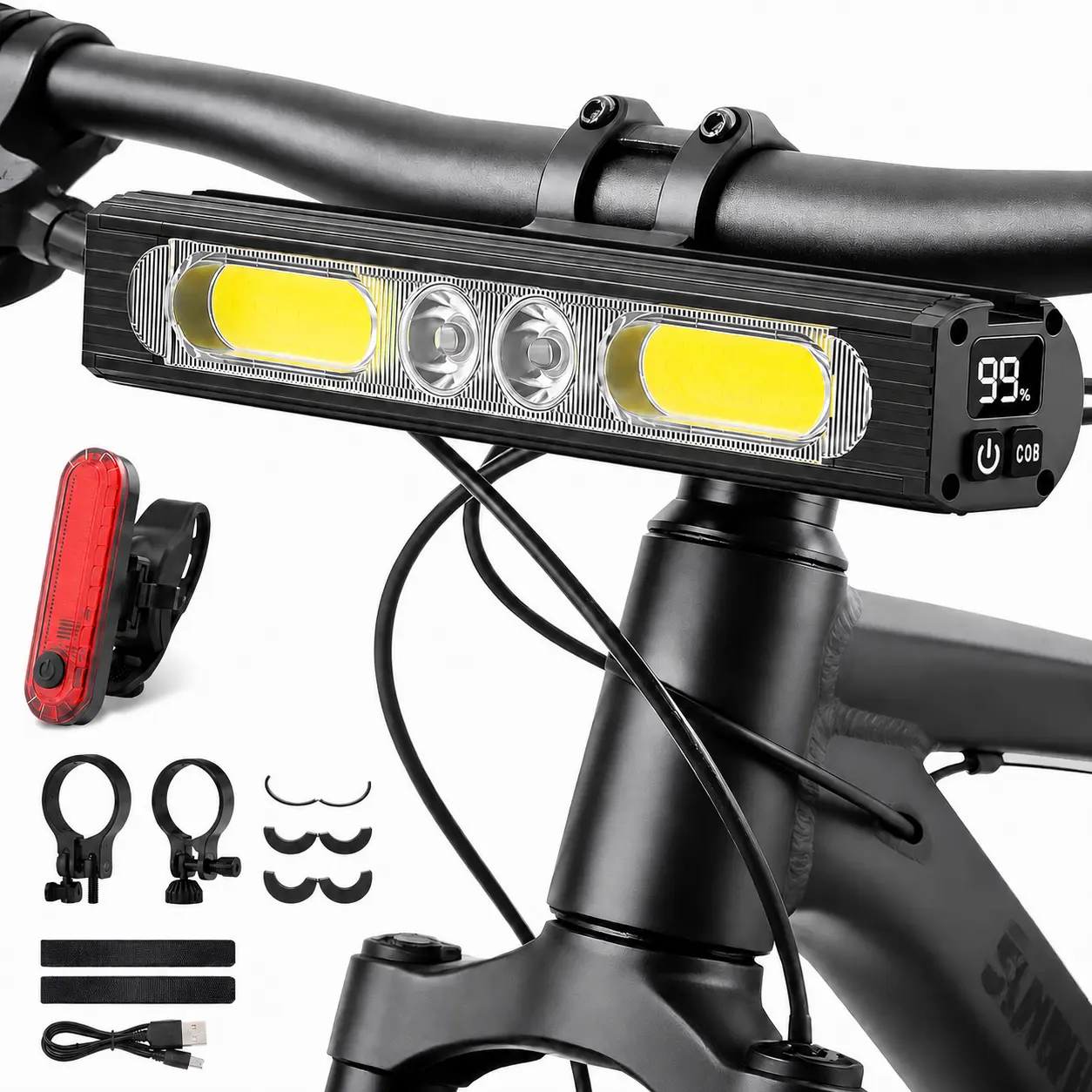 Rechargeable Bike Light, High Bright COB Bicycle Front Light with Wide Beam Anti-Glare Design, IPX6 Waterproof Aluminum Alloy Handlebar Light for Night Riding, Camping, Hiking & Emergency Use
