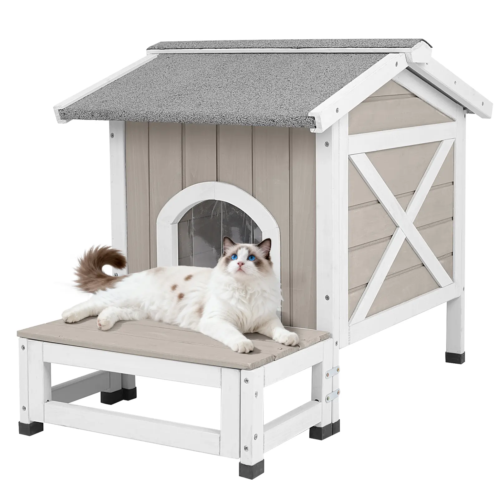 Petscosset Farmhouse Look Painted Fir Wood Outdoor Cat House, Solid Finish, All-Weather Asphalt Roof, Rain/Sun Proof, Open Roof for Easy Cleaning, Multi-Door Design, Elevated Structure, All Season Indoor & Outdoor Use
