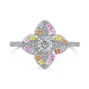 Loveden Luxury Clover Engagement Ring For Women Party Gift S925 Sterling Silver Colorful High Carbon Diamond Ring Cute Four-Leaf Clover Style Colorful Zircon Promise Wedding Ring Charm Jewelry Accessories
