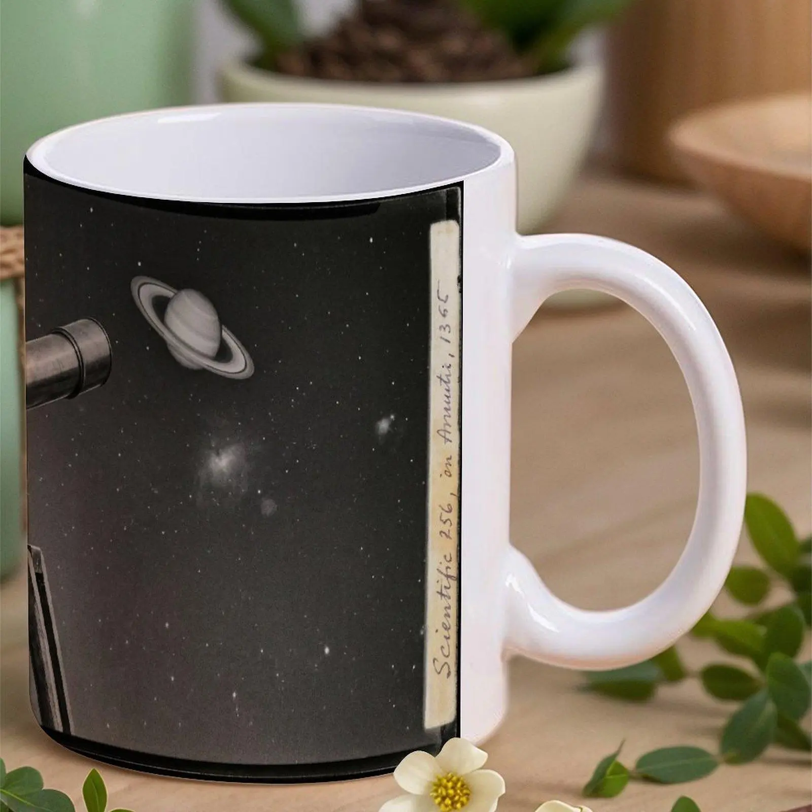 11oz Porcelain Ceramic Mug - Reusable, Vintage Telescope Saturn & Starry Sky Art Print, Washable Coffee/Tea Cup, Durable Home/Office Decor Gift for Astronomy Lovers