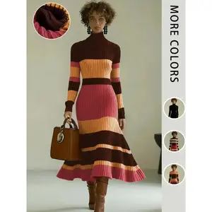 Elegant women’s colorblock knit dress, high-neck long-sleeve mermaid dress, worn alone or layered, fashionable fall and winter clothing