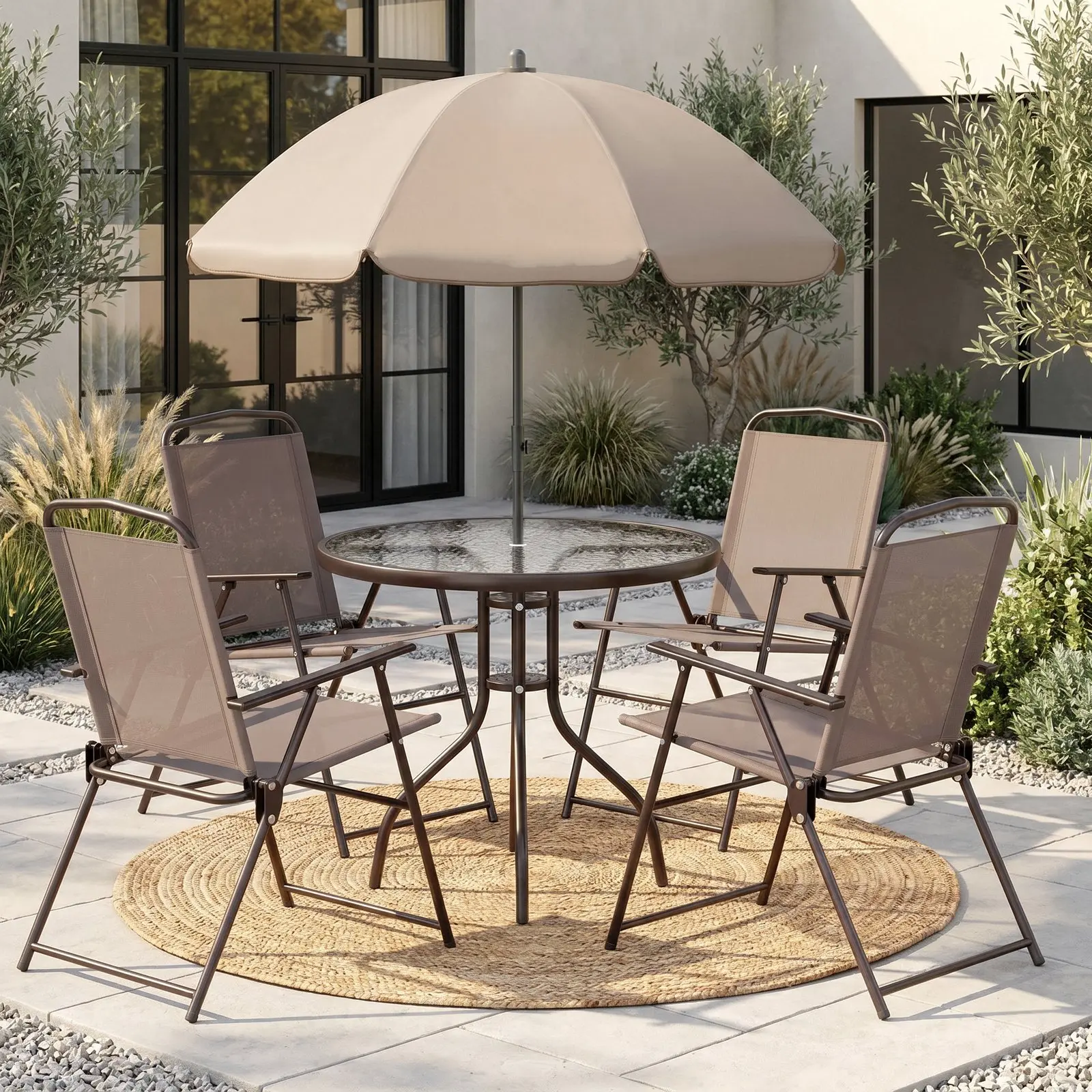 Arlopu 6 Pieces Patio Dining Set with 65″ Umbrella, Outdoor Table and Chairs with 31.5″ Round Glass Table, 4 Folding Textilene Chairs, Patio Dining Set W/Steel Frame, for Garden Poolside Backyard, Black, Brown summergarden summerwins