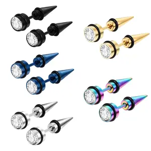 OIDEA 5 Pairs Stainless Steel Spike Cone Rivet Stud Earrings With Rhinestone Diamond Punk Set for Men Women