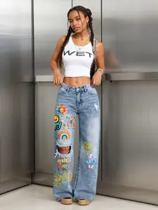 Women’s distressed wide-leg jeans — casual commuter style print design, light-colored women’s jeans for everyday fashion featuring sunflowers, rainbows, and smiley faces
