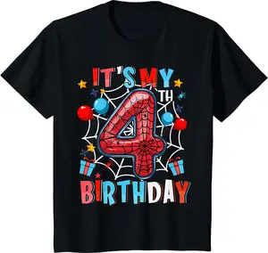 Kids It's My 4th Birthday Spider Web Theme Party 4 Years Old Boys T-Shirt | Tee for Youths, Kids – Short Sleeve Crewneck Solid Basic Tees Casual Tops 5-14 Years