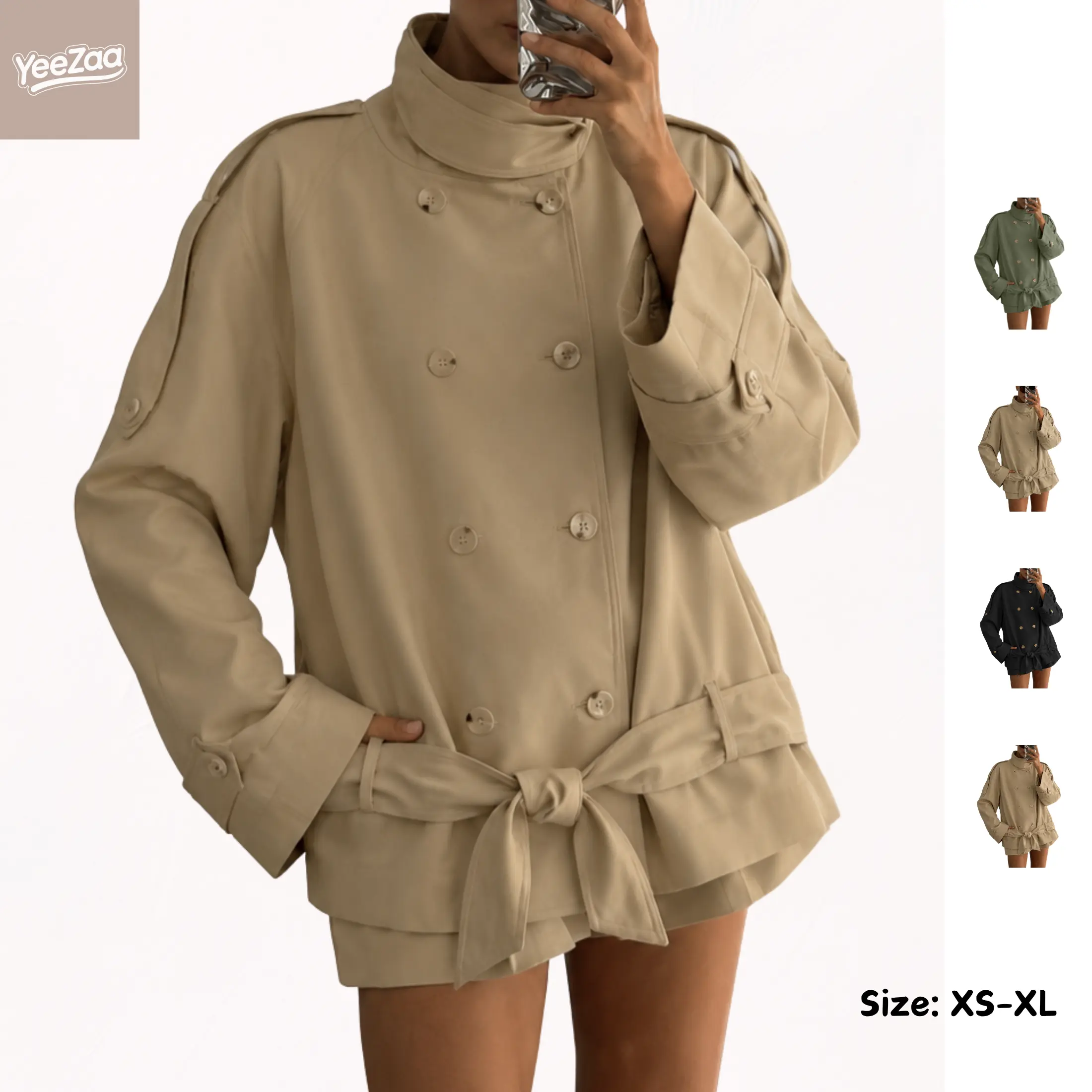 YeeZaa Funnel Collar Trench Coat for Women High Collar Front Double Breasted Fall Winter Coats Windproof Casual Long Sleeves Overcoat with Pockets Adjustable Belted Jackets 2026 Trendy Work Outfits Going Out Street Style Lightweight Chic Outerwear