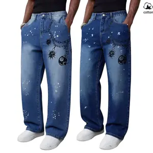 Men's High Cotton Chain & Bomb Print Baggy Jeans, Vintage Washed Paint Splatter Denim Pants, Streetwear Y2K Loose Fit Jeans with Cartoon Prints
