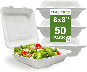 [50 COUNT] 8 X 8 inch White Compostable Square  Container, Disposable Single Compartment Clamshell Takeout Box, Made from Eco-Friendly Bagasse Plant Fibers