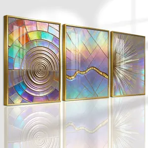 3 Counts Aluminum Alloy Framed Painting, Iridescent Abstract Geometric Art, Home Decoration For Living Room, Bedroom, Office, Restaurant, Hallway Wall Decor, Odorless Print Artwork, Luxury Perfect Gift For Friends And Family