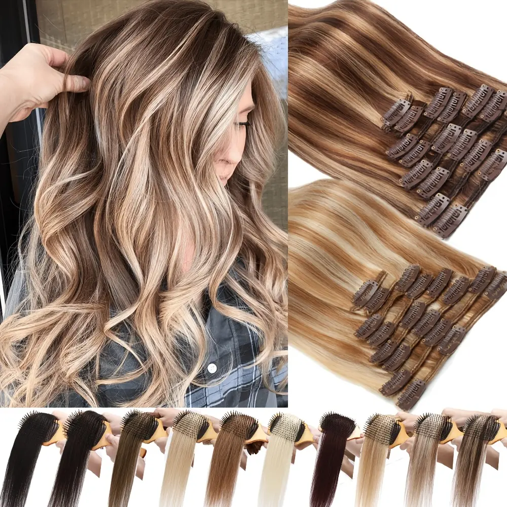 Wholesale Hot New [Real Remy |   Human Hair] 8pcs Real Remy Human Hair Clip-In Hair Extensions |   Seamless Balayage Style, Natural Black to Chestnut Brown Gradient, 16"-22", Straight Hair for Women - Adds Volume & Length, Perfect for All Hair Types