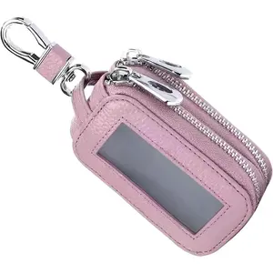 Car Key Fob Case, Leather Double-layer Keychain Bag, Clear Window Anti-scratch Protector, for Men and Women (Pink)