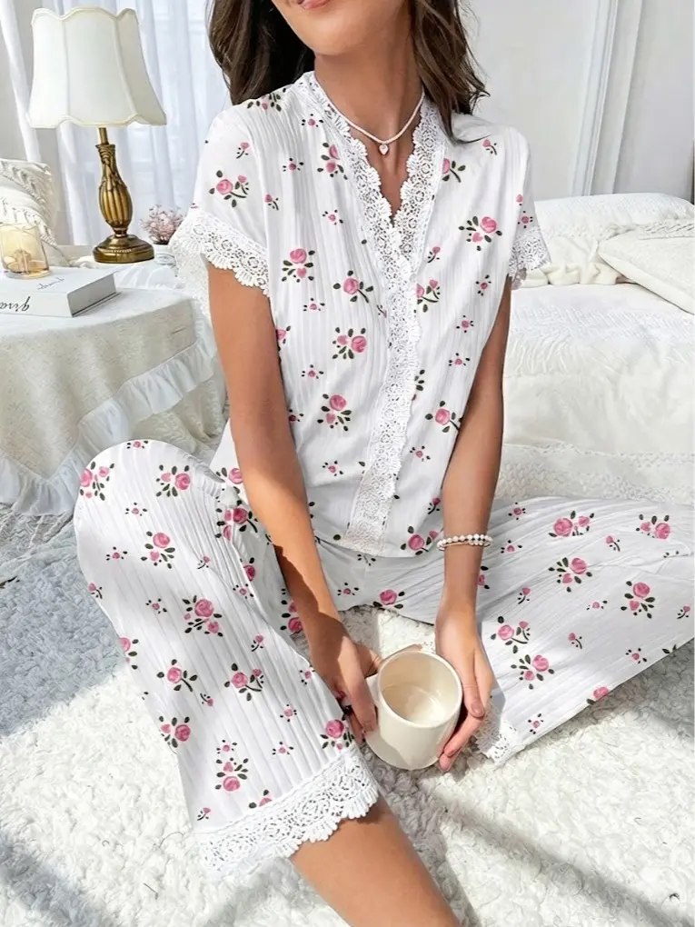 Phefee Women's Everyday Pajama Set, Feminine Floral Ribbed Knit Loungewear, 2-Piece Matching Pullover Top and Pants with Lace Trim, Shortsleeve, Lightweight, Elegance