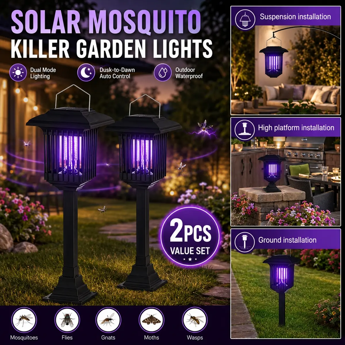2 Pack Solar Powered Insect Zapper, Mosquito Killer Outdoor, Solar Bug Zapper, Outdoor Square Stake Style, Solar Garden Lamp with UV Light, Hang or Ground Stake Installation, LED Mosquito Control Lamp for Patio, Yard, Garden and Camping