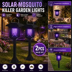 2 Pack Solar Powered Insect Zapper Outdoor Square Stake Style, Cordless Solar Garden Lamp with UV Light, Hang or Ground Stake Installation, Portable LED Mosquito Moth Fly Control Lamp for Patio, Yard, Garden, Porch, Lawn, Pathway and Camping