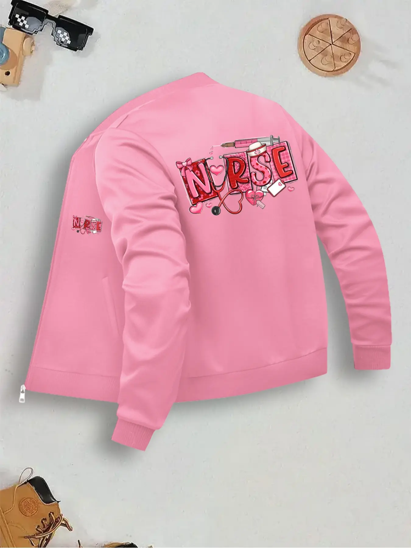 Comfortable Fashion Workwear and Daily Wear, Nurse Print Zippered Jacket Coats, Zip Up Jacket, Long Sleeve Fitted Casual Style, Moderate Fabric, Fall & Winter, Everyday, Womenswear, Outerwear