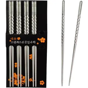 Metal Steel Chopstick Stainless Steel Spiral Chopsticks 8.8 Inches Long Lightweight Chopstick Set Reusable Classic Style for Kitchen Dinner 5 Pairs Silver