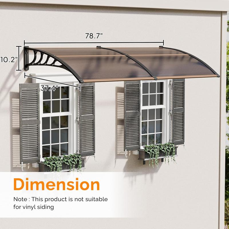 Window Awning Door Canopy Exterior 80" x 40" Awnings for Doors Polycarbonate Cover Patio Door Awning Rain Snow Sunlight Protection Hollow Sheet Brown Board & Black Bracket Adjustable Shade